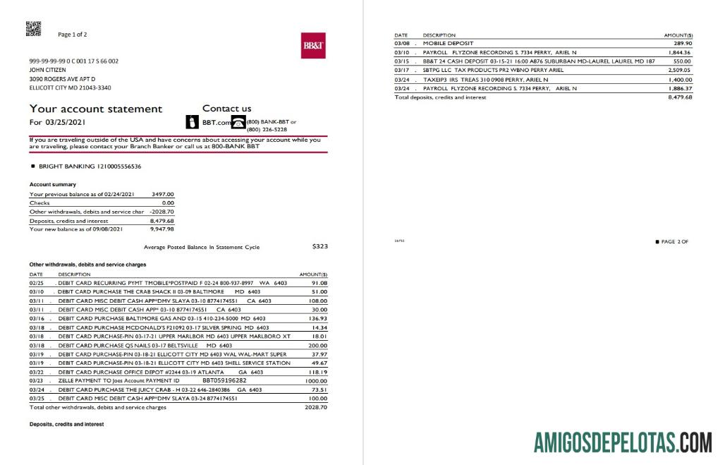 Modelo de extrato bancário realista dos EUA Carolina do Norte BB&T Corp. em formato Word e PDF (2 páginas)